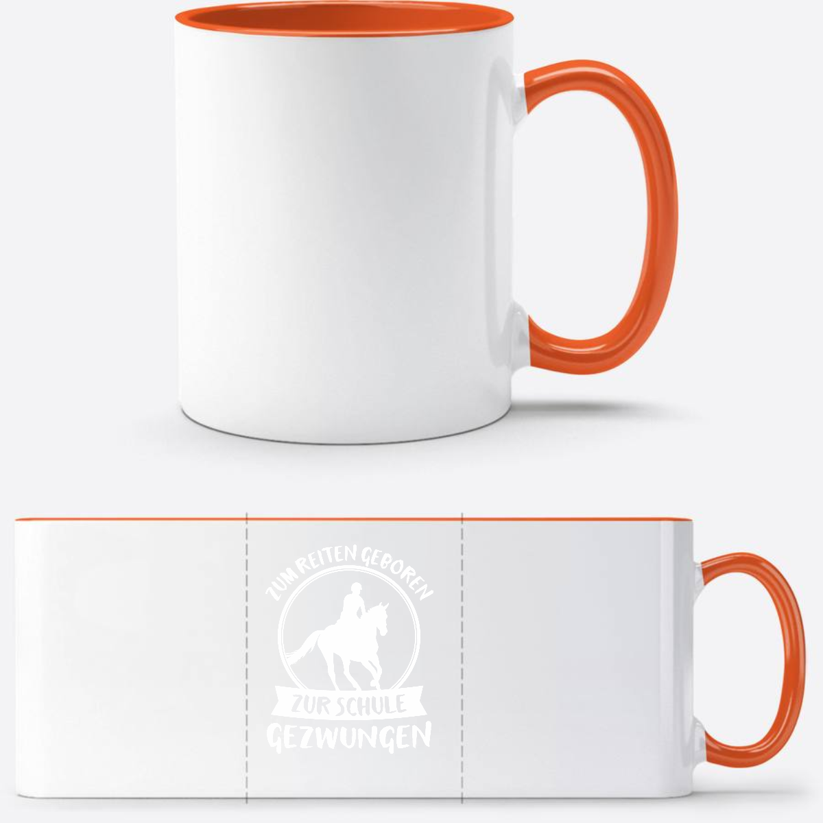 Tasse zur Einschulung: Zum Reiten geboren – Mit Name - Weiß/Orange