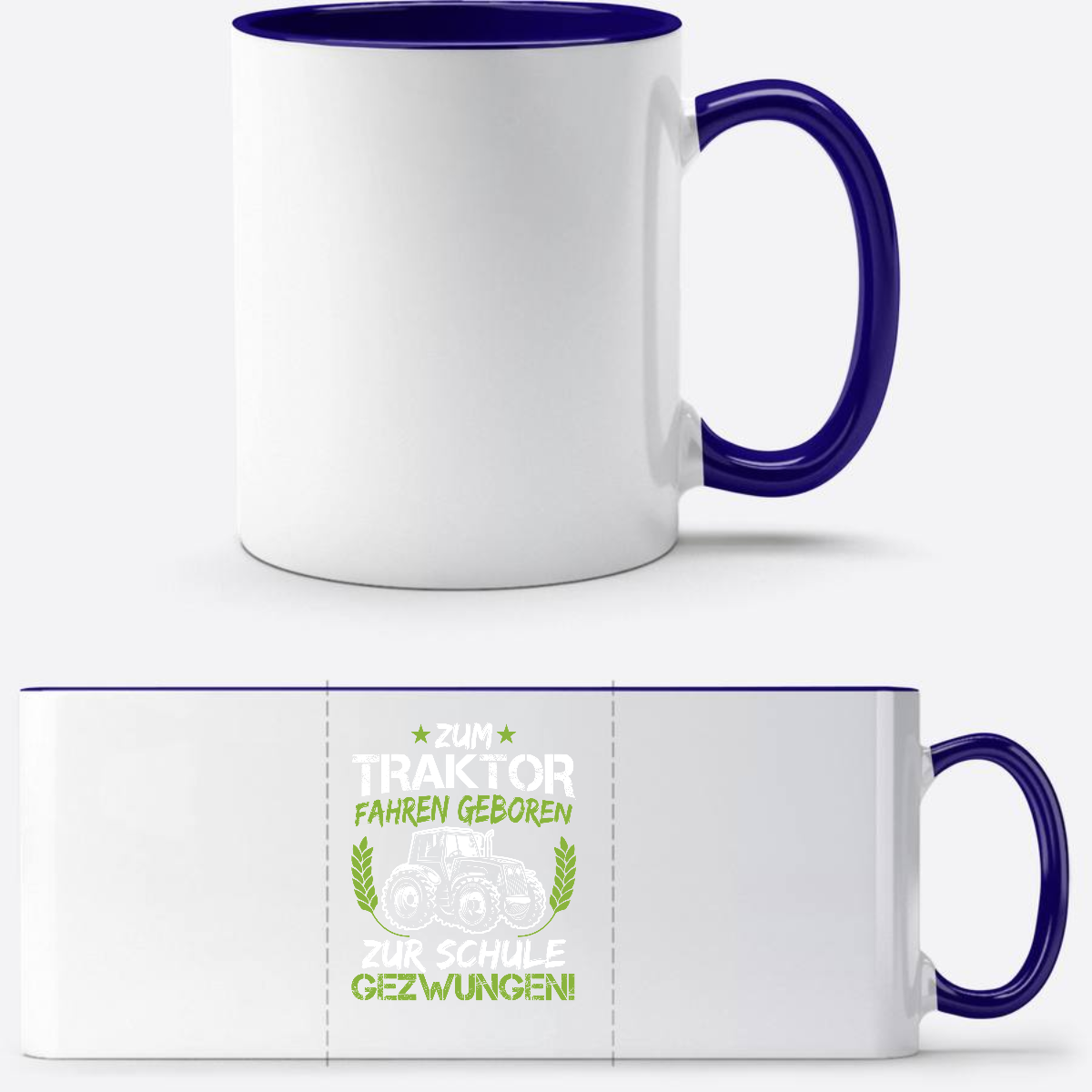 Tasse zur Einschulung: Zum Traktor fahren geboren (Grün-Weiß) - Weiß/Dunkelblau
