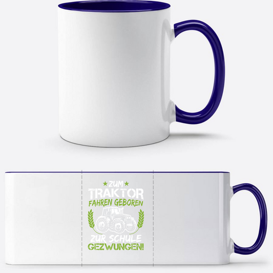 Tasse zur Einschulung: Zum Traktor fahren geboren (Grün-Weiß) - Weiß/Dunkelblau