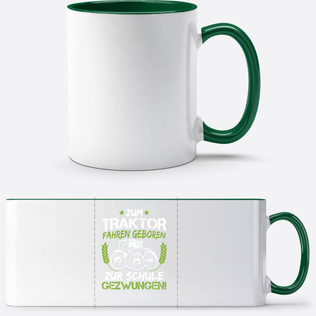 Tasse zur Einschulung: Zum Traktor fahren geboren (Grün-Weiß) - Weiß/Dunkelgrün