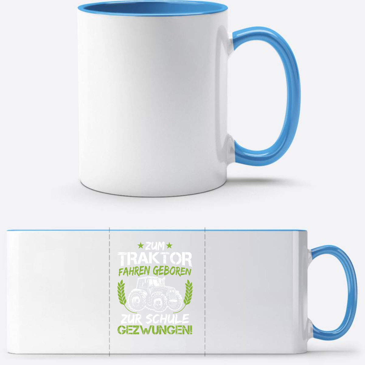 Tasse zur Einschulung: Zum Traktor fahren geboren (Grün-Weiß) - Weiß/Hellblau