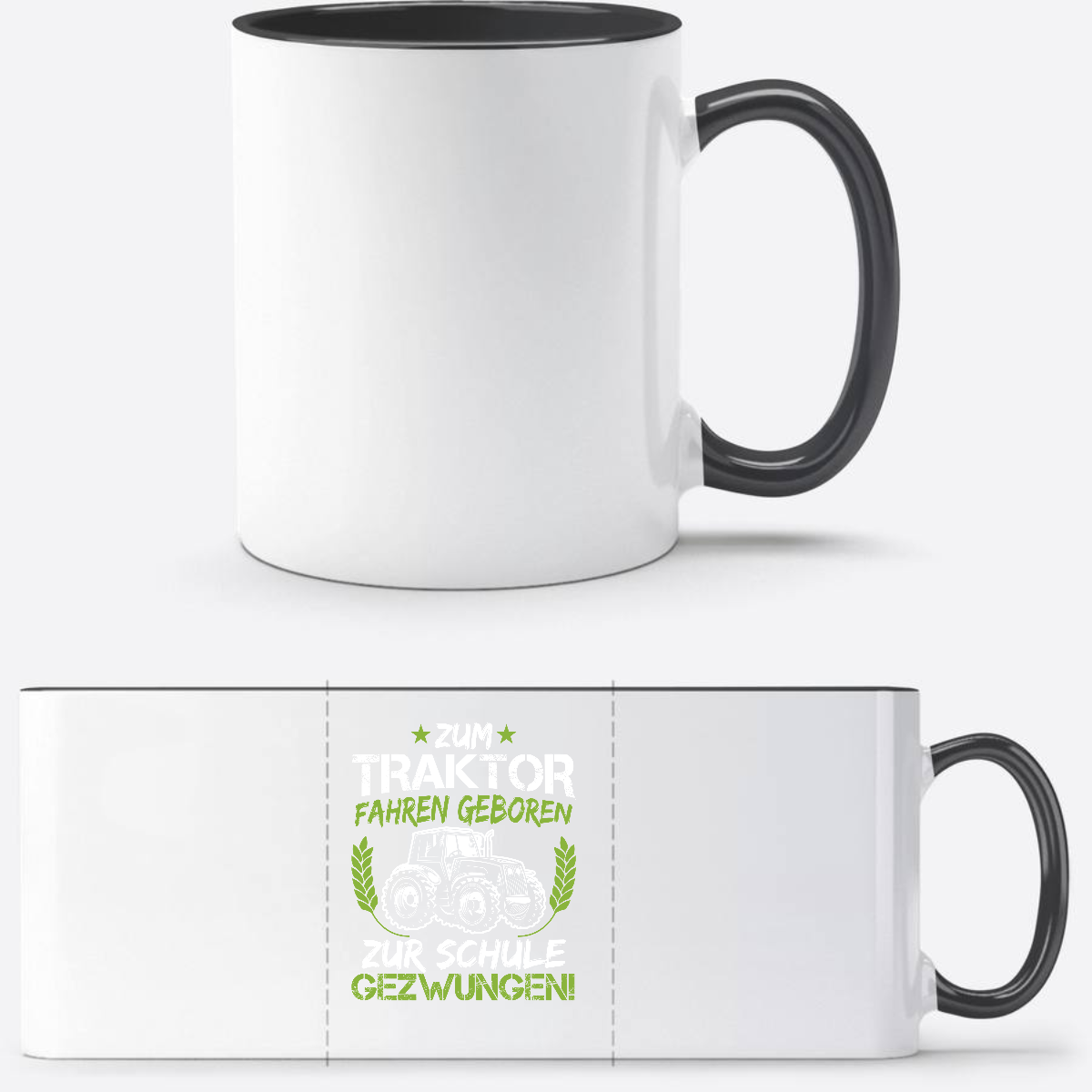 Tasse zur Einschulung: Zum Traktor fahren geboren (Grün-Weiß) - Weiß/Schwarz