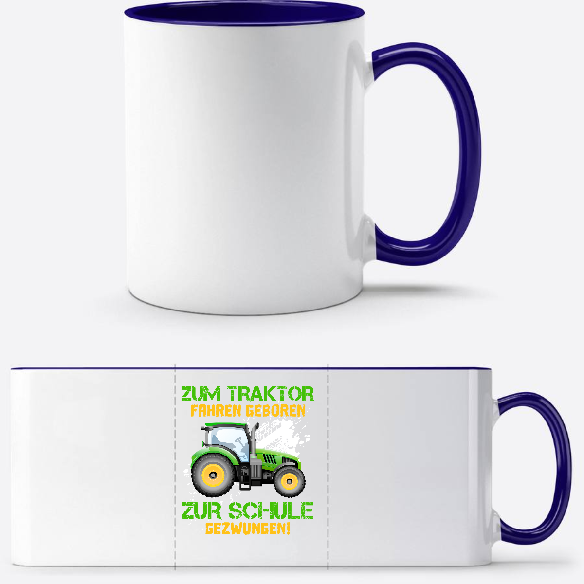 Tasse zur Einschulung: Zum Traktor fahren geboren - Personalisiert - Weiß/Dunkelblau