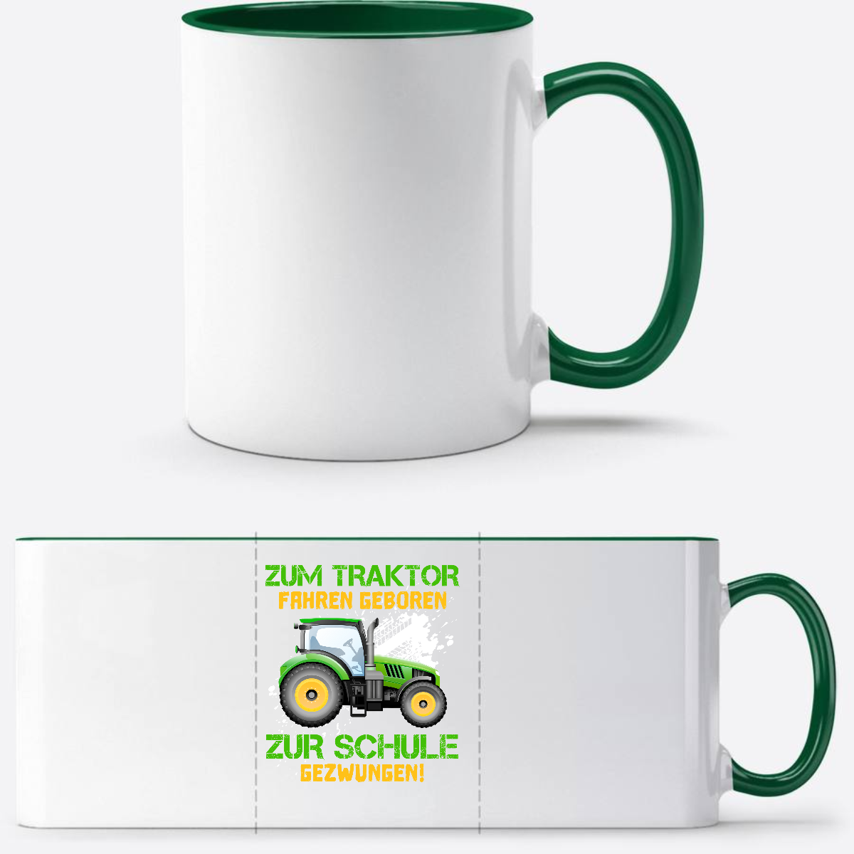Tasse zur Einschulung: Zum Traktor fahren geboren - Personalisiert - Weiß/Dunkelgrün