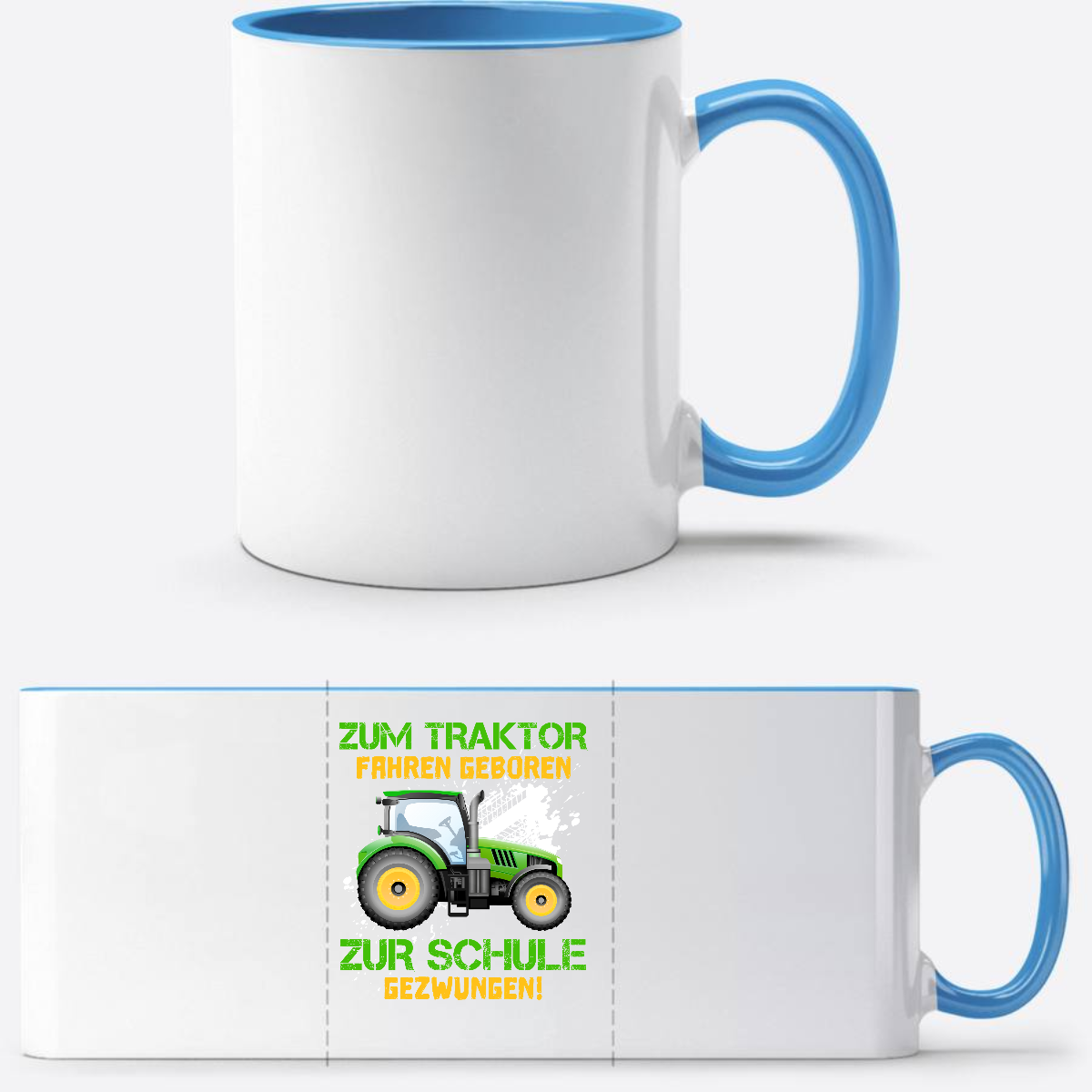 Tasse zur Einschulung: Zum Traktor fahren geboren - Personalisiert - Weiß/Hellblau