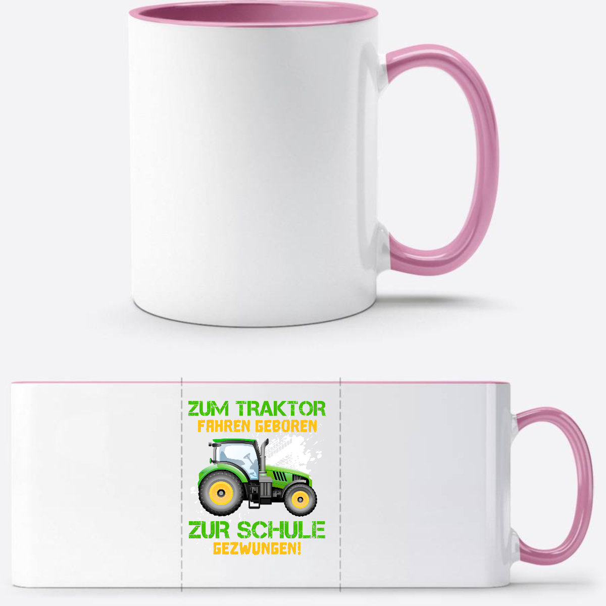 Tasse zur Einschulung: Zum Traktor fahren geboren - Personalisiert - Weiss/Rosa