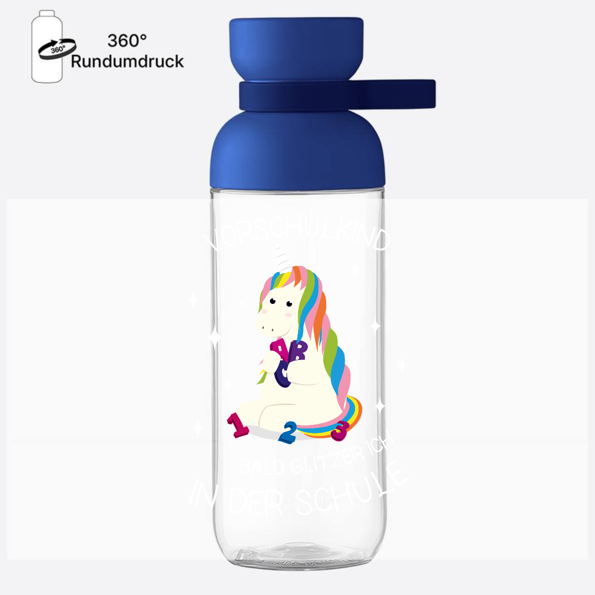 Trinkflasche Einhorn zur Einschulung – Personalisiert mit Name - Vivid Blue