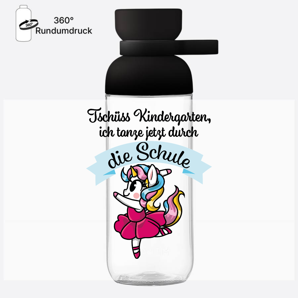 Trinkflasche Einschulung: Einhorn Ballett – Tschüss Kindergarten - Nordic Black