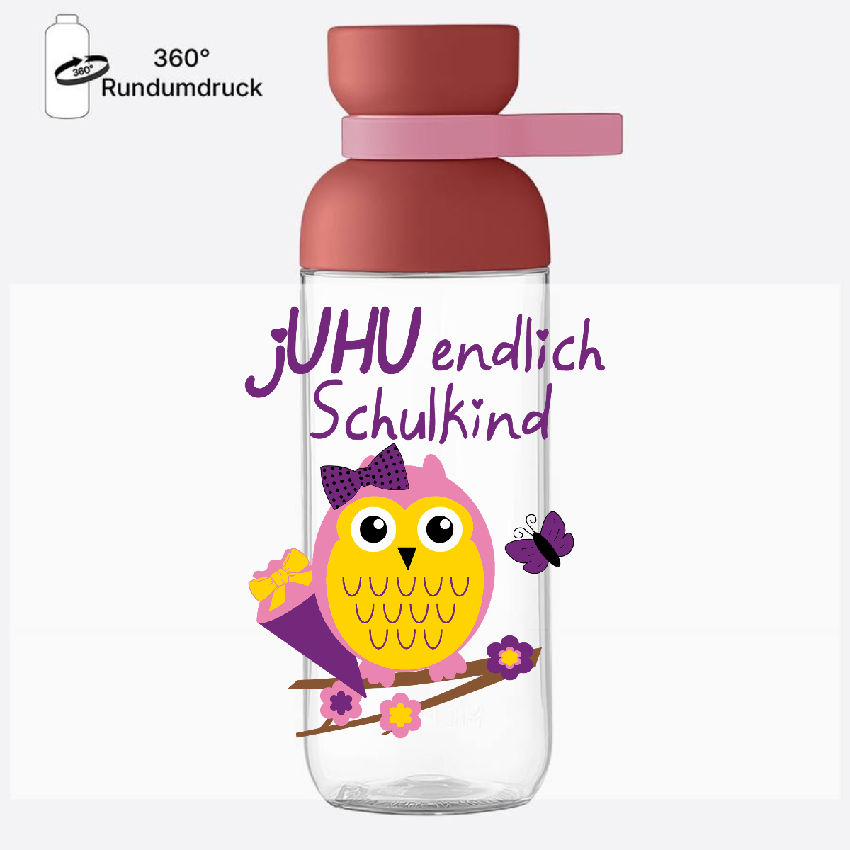 Trinkflasche Einschulung – jUHU endlich Schulkind Eule - Vivid Mauve