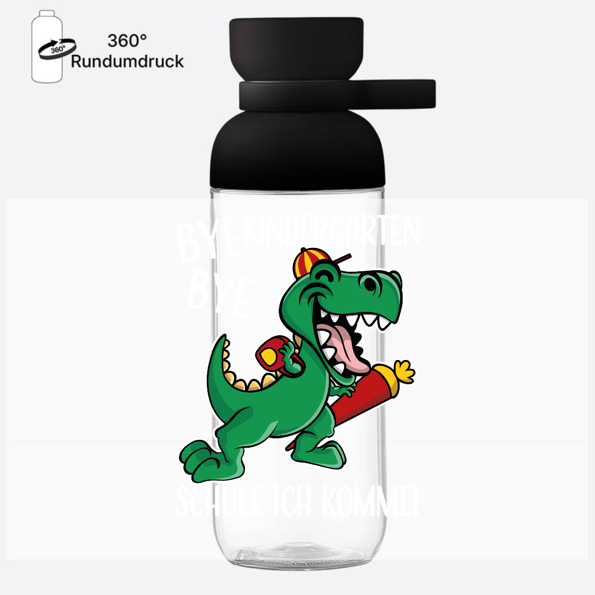 Trinkflasche Einschulung mit Name: Bye Bye Kindergarten Dino - Nordic Black