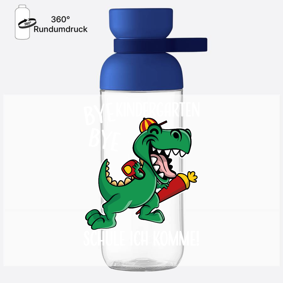 Trinkflasche Einschulung mit Name: Bye Bye Kindergarten Dino - Vivid Blue