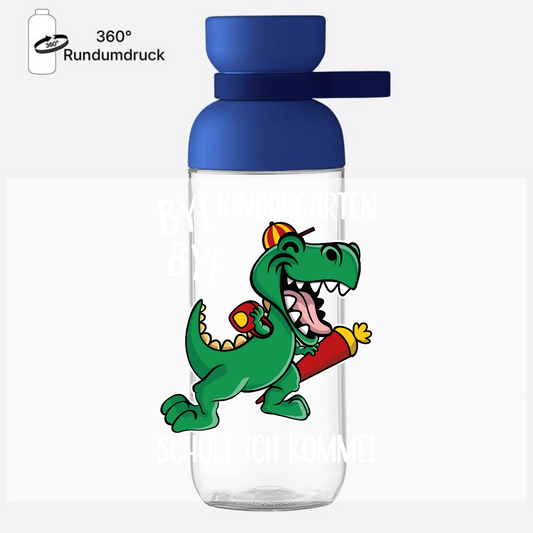 Trinkflasche Einschulung mit Name: Bye Bye Kindergarten Dino - Vivid Blue