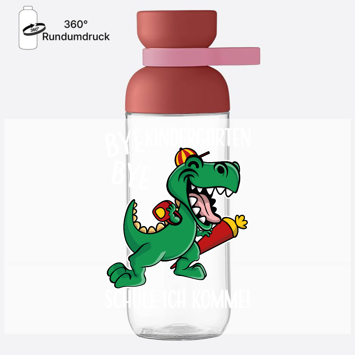 Trinkflasche Einschulung mit Name: Bye Bye Kindergarten Dino - Vivid Mauve