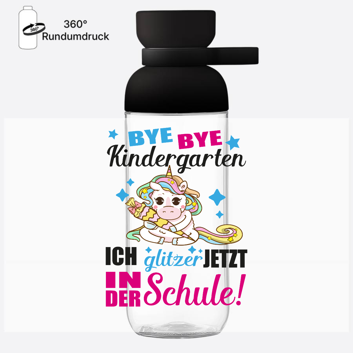 Trinkflasche Einschulung mit Name – Ich glitzer jetzt Einhorn - Nordic Black