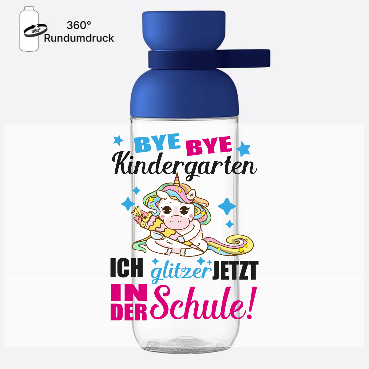 Trinkflasche Einschulung mit Name – Ich glitzer jetzt Einhorn - Vivid Blue