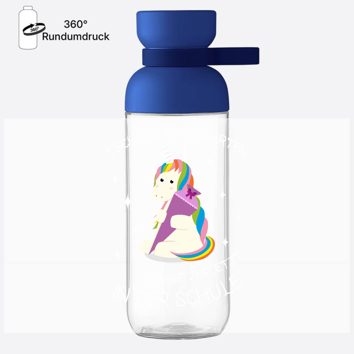 Trinkflasche Einschulung mit Name – Tschüss Kindergarten Einhorn - Vivid Blue