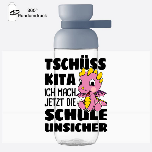 Trinkflasche Einschulung: Rosa Drache Tschüss Kita mit Name - Nordic Blue