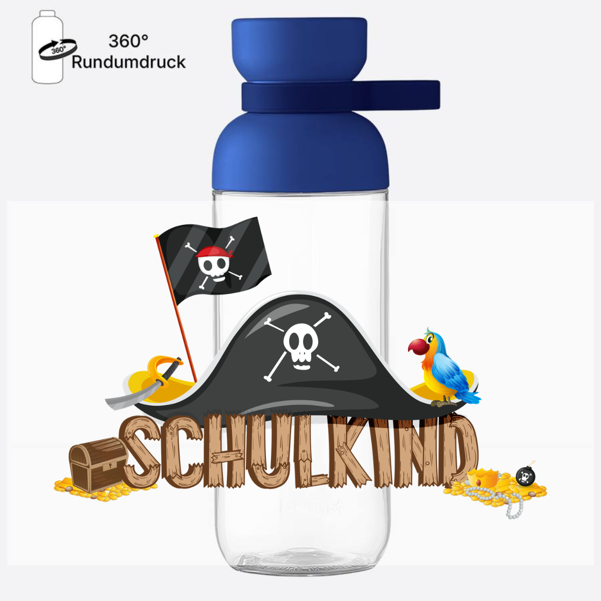 Trinkflasche Pirat zur Einschulung – Personalisiert mit Name - Vivid Blue