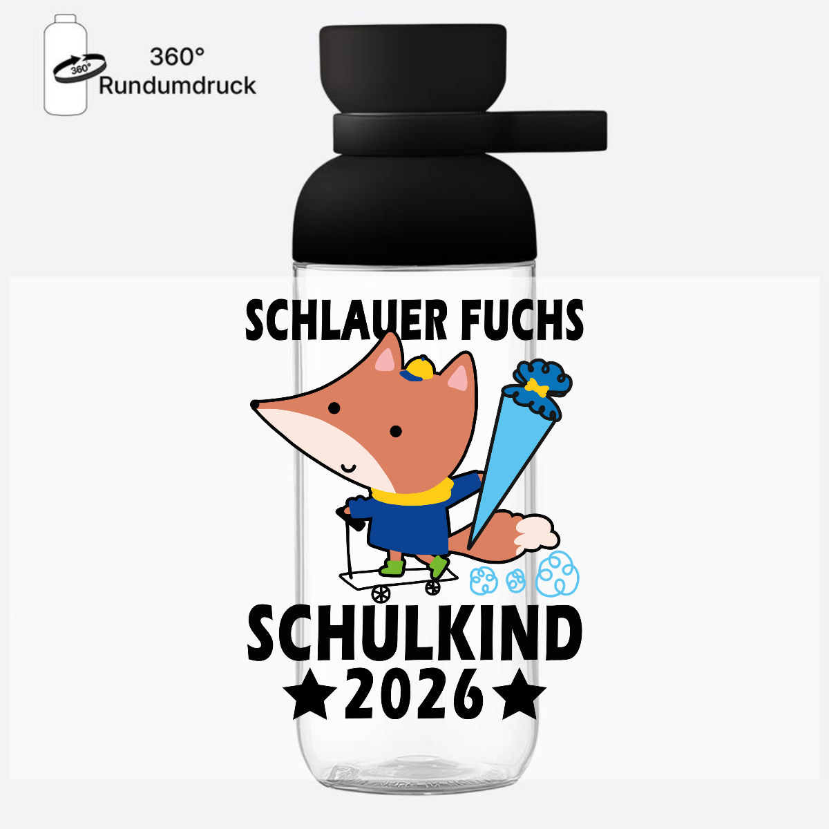 Trinkflasche Schlauer Fuchs Schulkind 2026 mit Name - Nordic Black