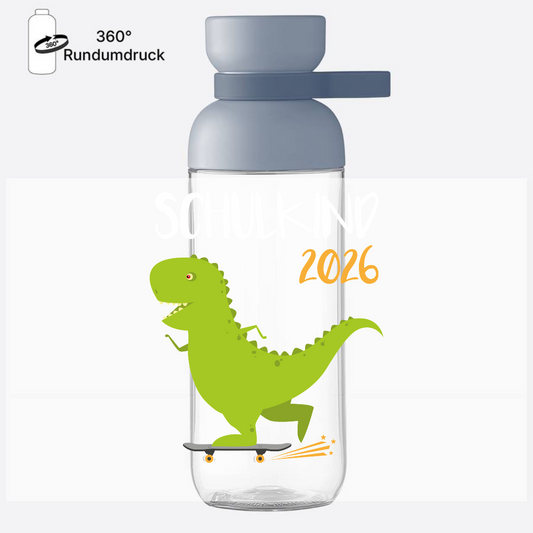 Trinkflasche Schulkind 2025 mit Name – Dino Skateboard - Nordic Blue