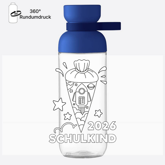 Trinkflasche Schulkind 2025 – Rakete zum Ausmalen mit Name - Vivid Blue