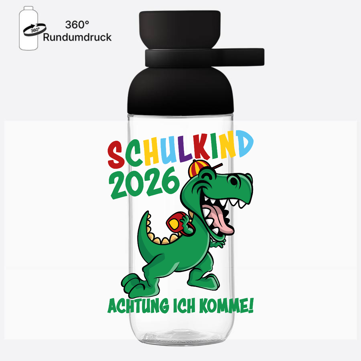 Trinkflasche Schulkind 2026: Achtung ich komme! bunt mit Name - Nordic Black