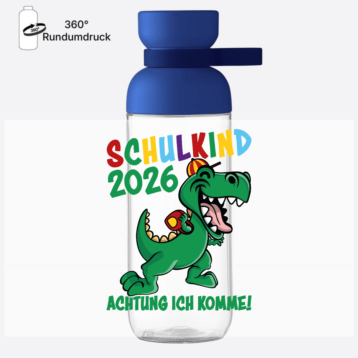 Trinkflasche Schulkind 2026: Achtung ich komme! bunt mit Name - Vivid Blue