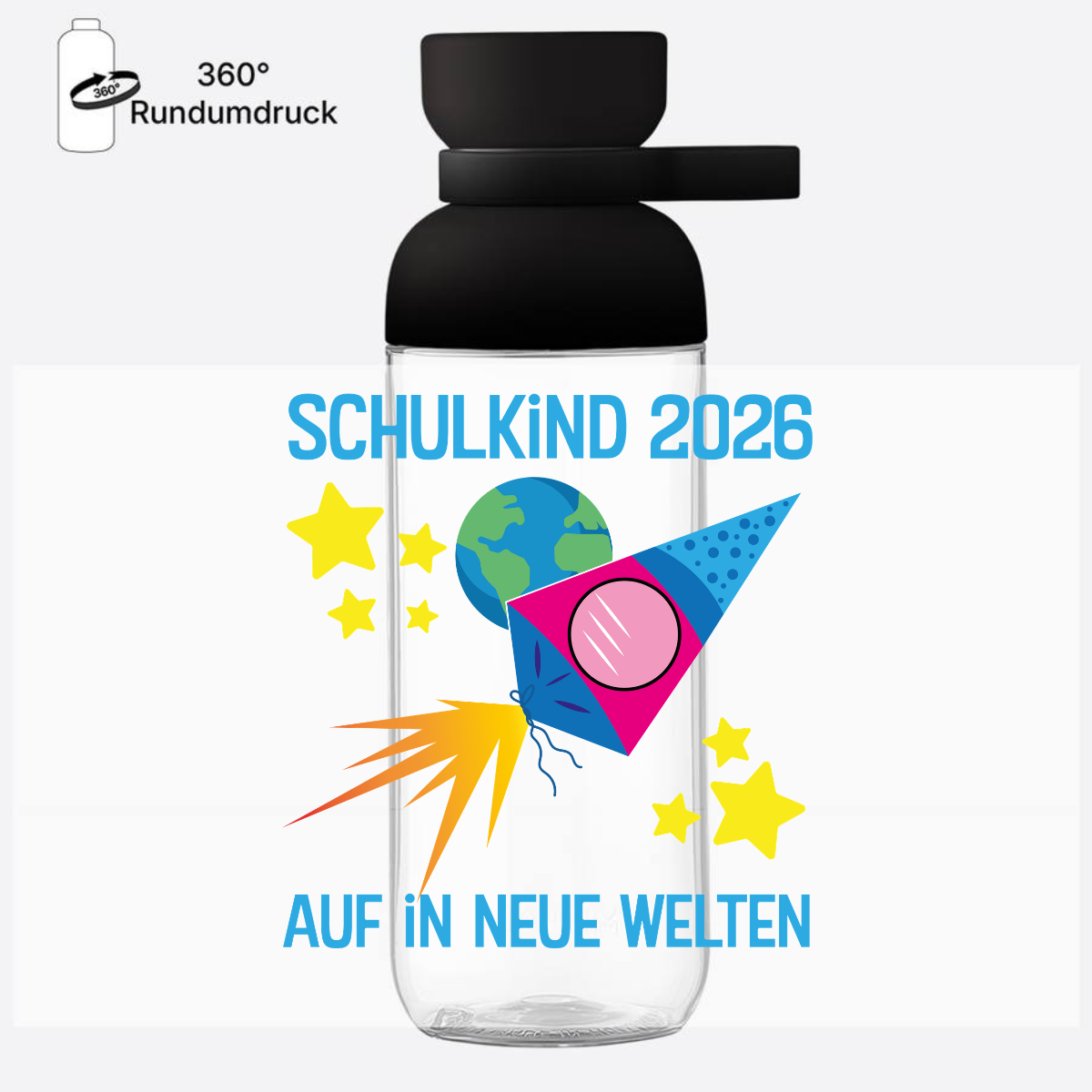 Trinkflasche Schulkind 2026 – Auf in neue Welten mit Name - Nordic Black