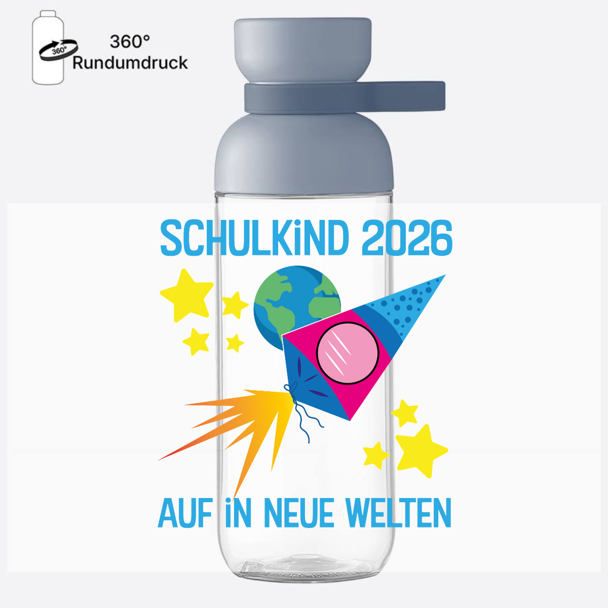 Trinkflasche Schulkind 2026 – Auf in neue Welten mit Name - Nordic Blue