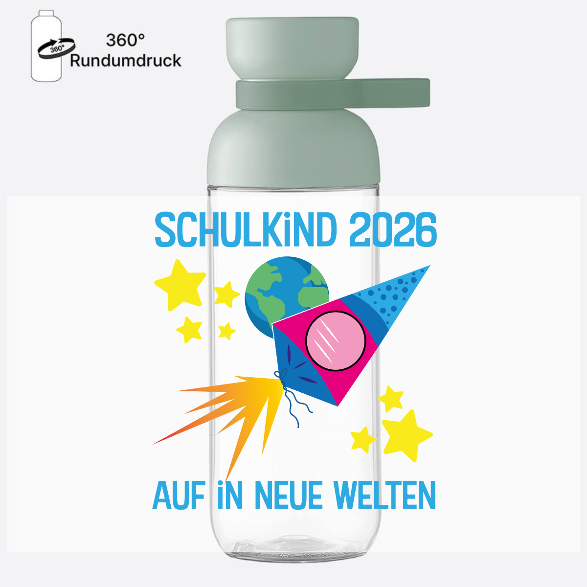 Trinkflasche Schulkind 2026 – Auf in neue Welten mit Name - Nordic Sage