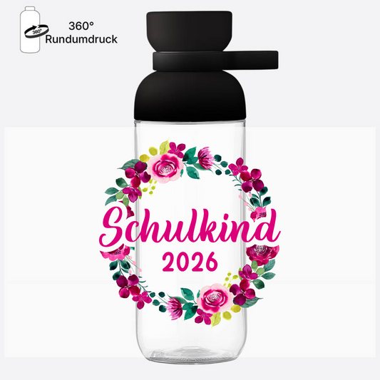 Trinkflasche Schulkind 2026 Blumenkranz mit Name - Nordic Black