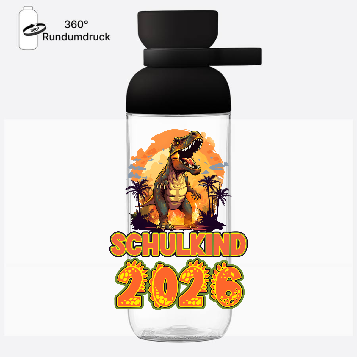Trinkflasche Schulkind 2026 Dino mit Name personalisiert - Nordic Black