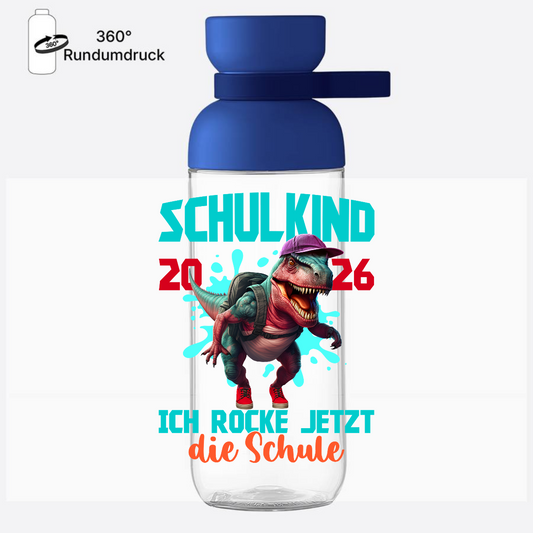 Trinkflasche Schulkind 2026 Dino T-Rex mit Namen - Vivid Blue