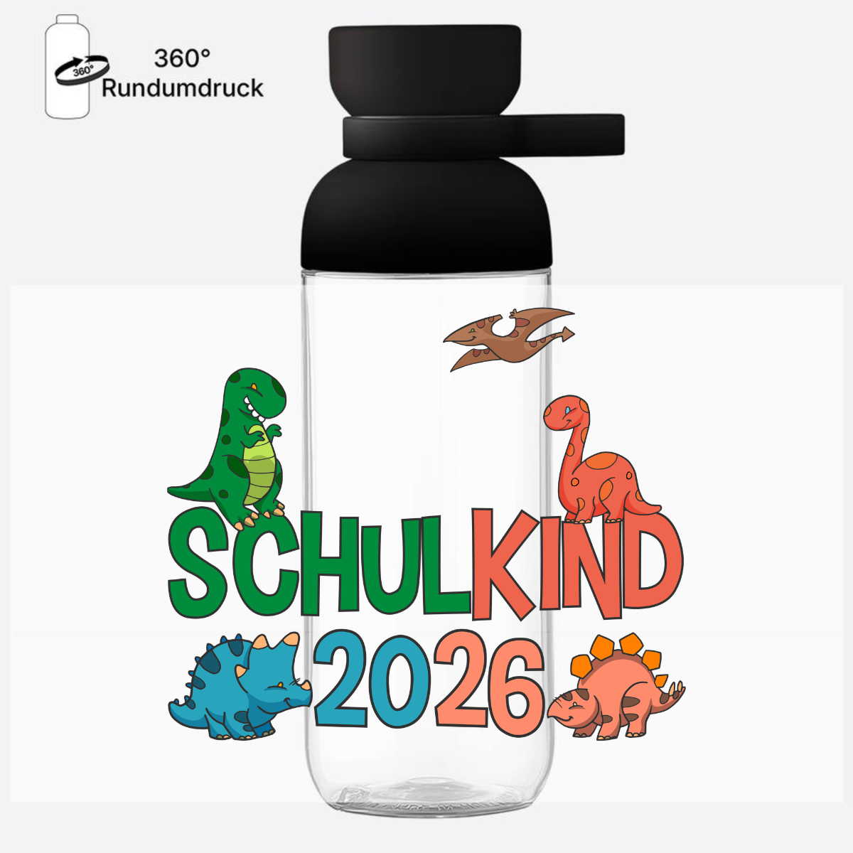 Trinkflasche Schulkind 2026 Dinosaurier mit Name - Nordic Black