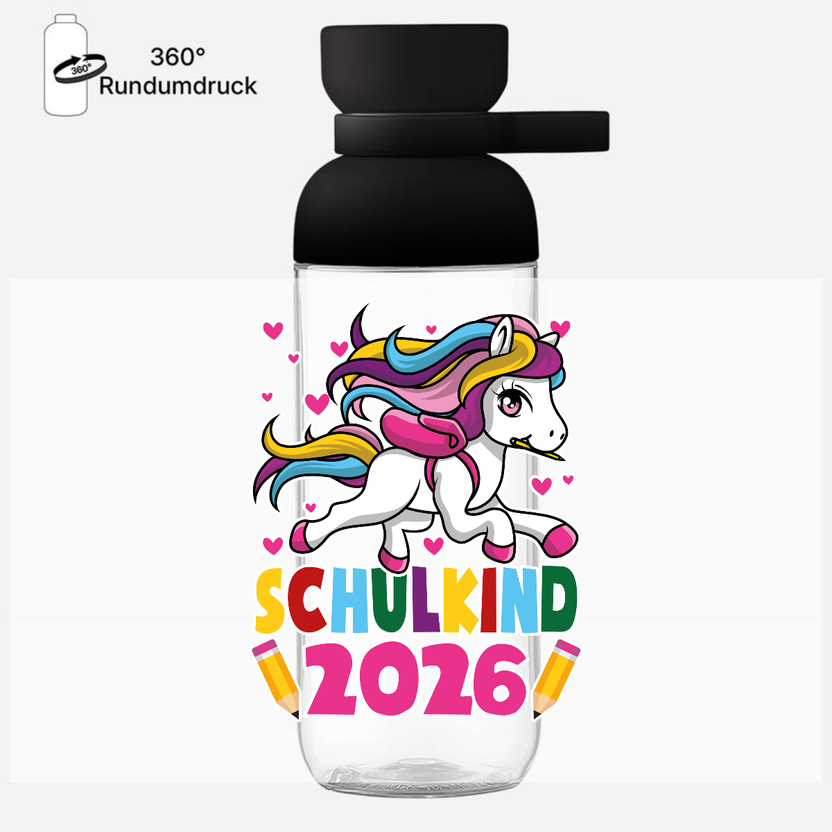 Trinkflasche Schulkind 2026 – Einhorn mit Wunschname - Nordic Black