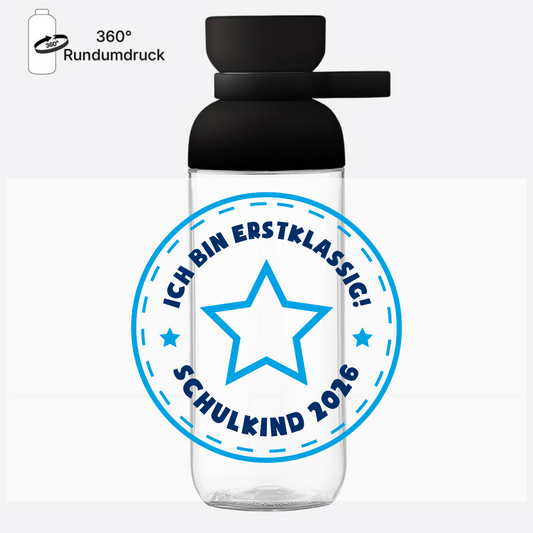 Trinkflasche Schulkind 2026 – Erstklassig Stern blau mit Name - Nordic Black