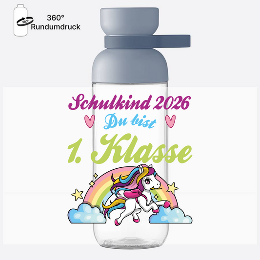 Trinkflasche Schulkind 2026 – Pferd & Regenbogen mit Name - Nordic Blue
