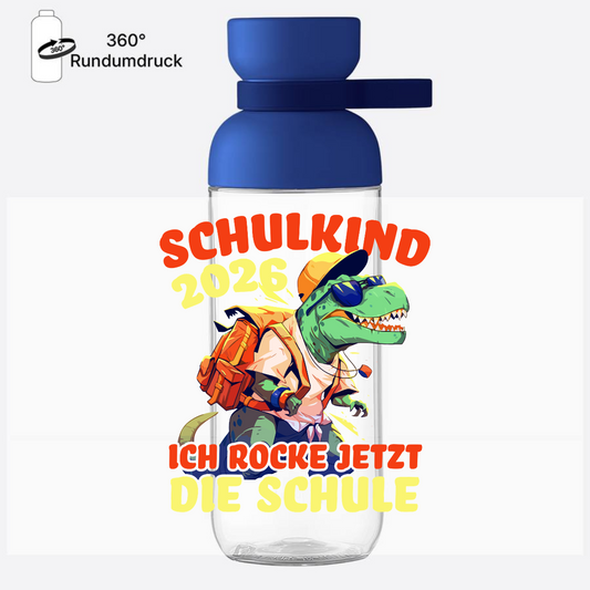 Trinkflasche Schulkind 2026: T-Rex rockt die Schule - Vivid Blue
