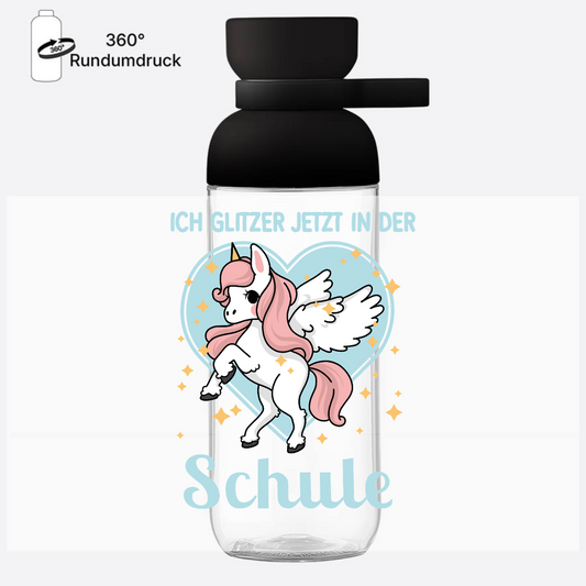 Trinkflasche zur Einschulung: Einhorn Glitzer - mit Namen - Nordic Black