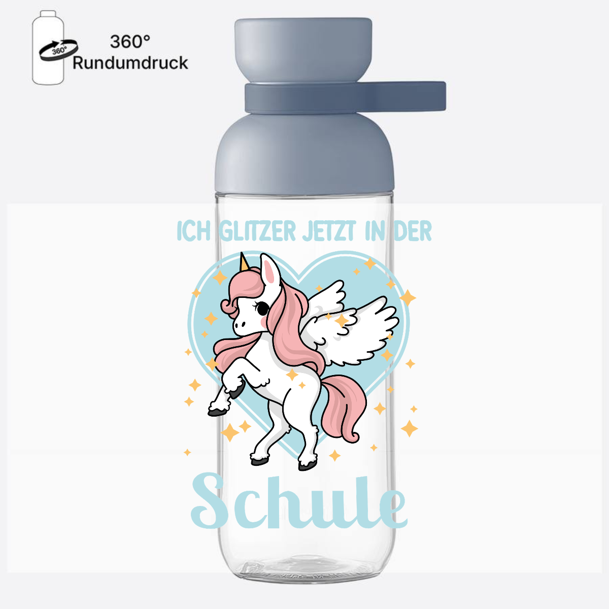 Trinkflasche zur Einschulung: Einhorn Glitzer - mit Namen - Nordic Blue