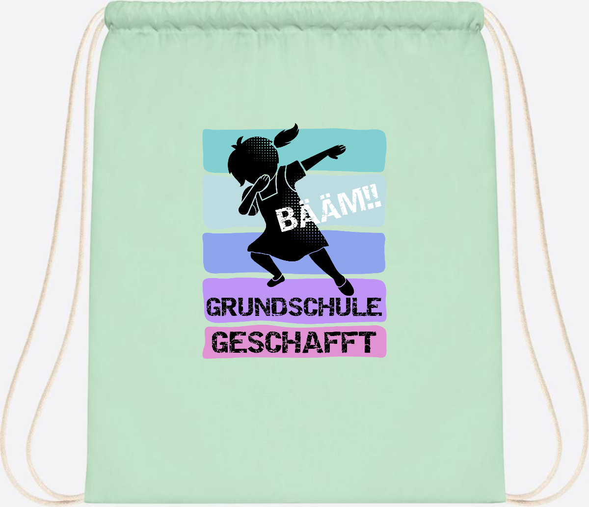 Turnbeutel Bääm! Grundschule geschafft Mädchen – Personalisiert - Pastel Mint/White