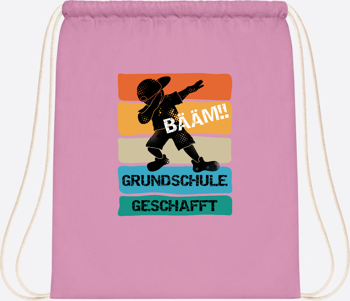 Turnbeutel "Bääm! Grundschule geschafft" mit Wunschname - Classic Pink/White