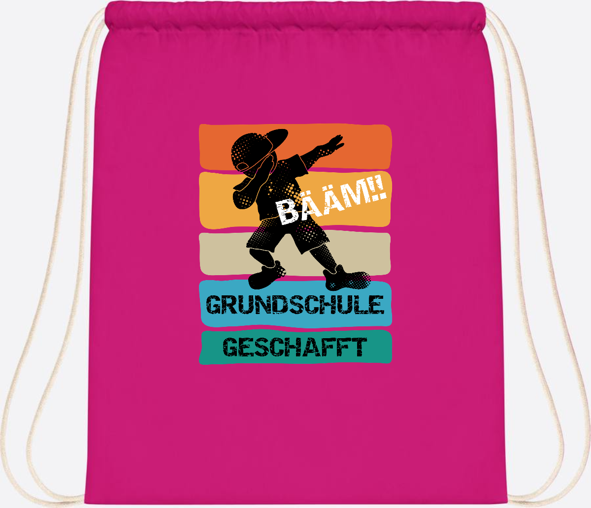 Turnbeutel "Bääm! Grundschule geschafft" mit Wunschname - Fuchsia