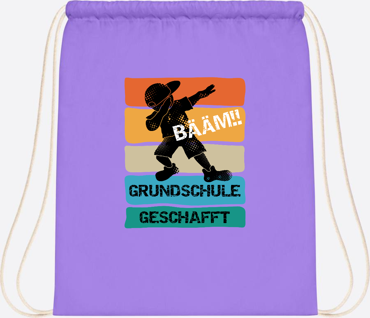 Turnbeutel "Bääm! Grundschule geschafft" mit Wunschname - Lavender/White