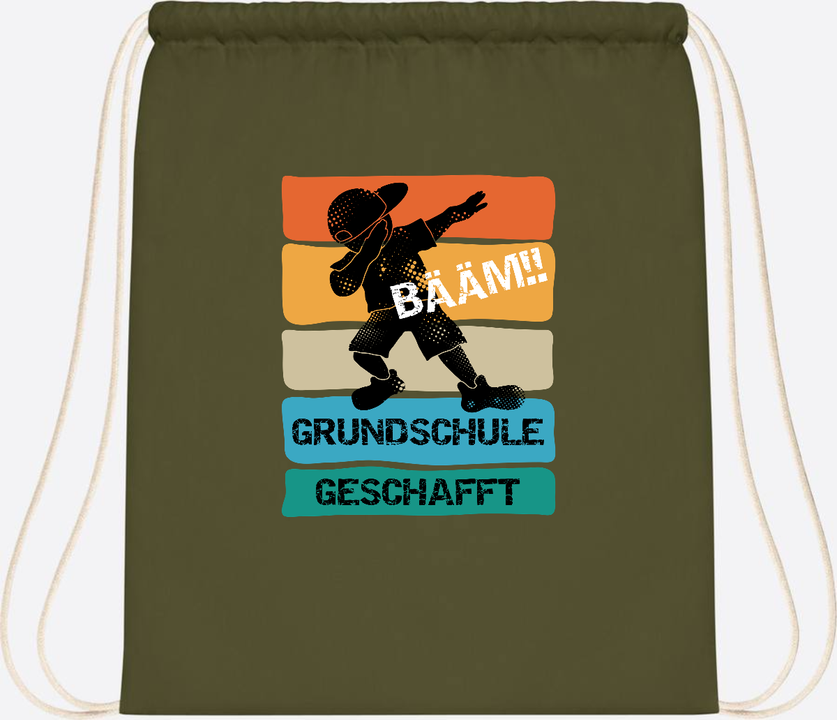 Turnbeutel "Bääm! Grundschule geschafft" mit Wunschname - Olive Green