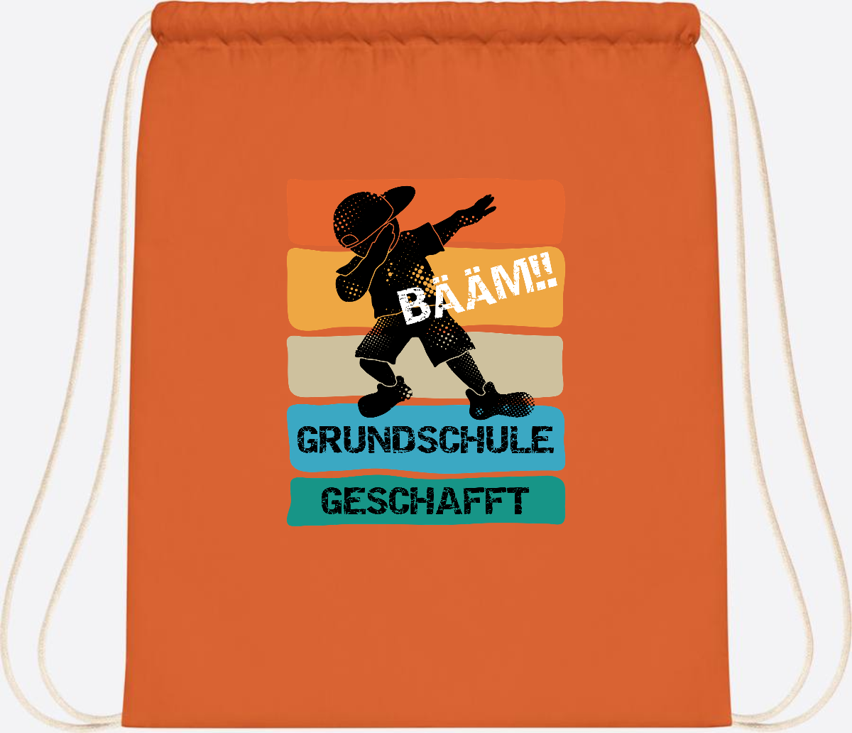 Turnbeutel "Bääm! Grundschule geschafft" mit Wunschname - Orange