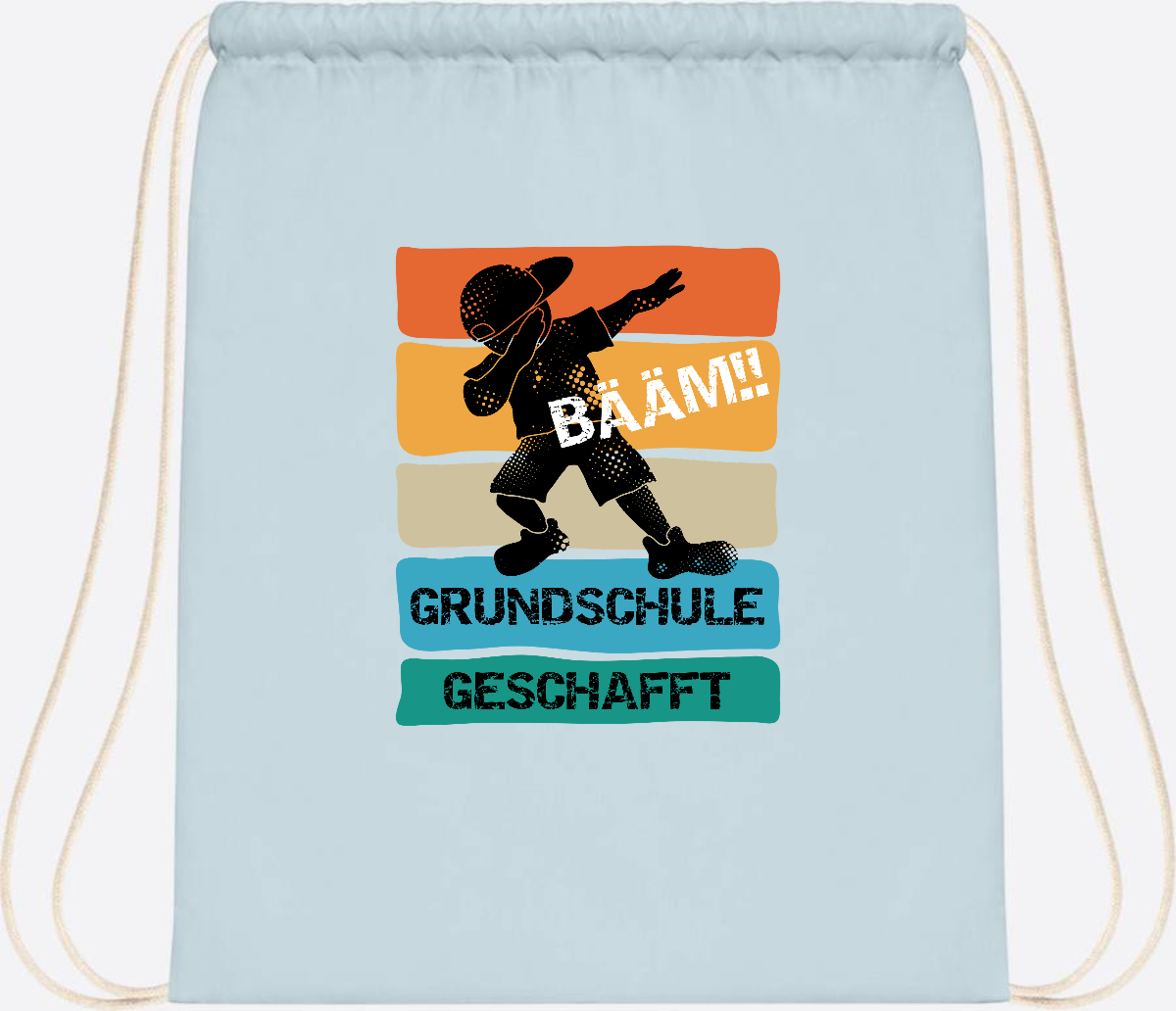 Turnbeutel "Bääm! Grundschule geschafft" mit Wunschname - Pastel Blue/White