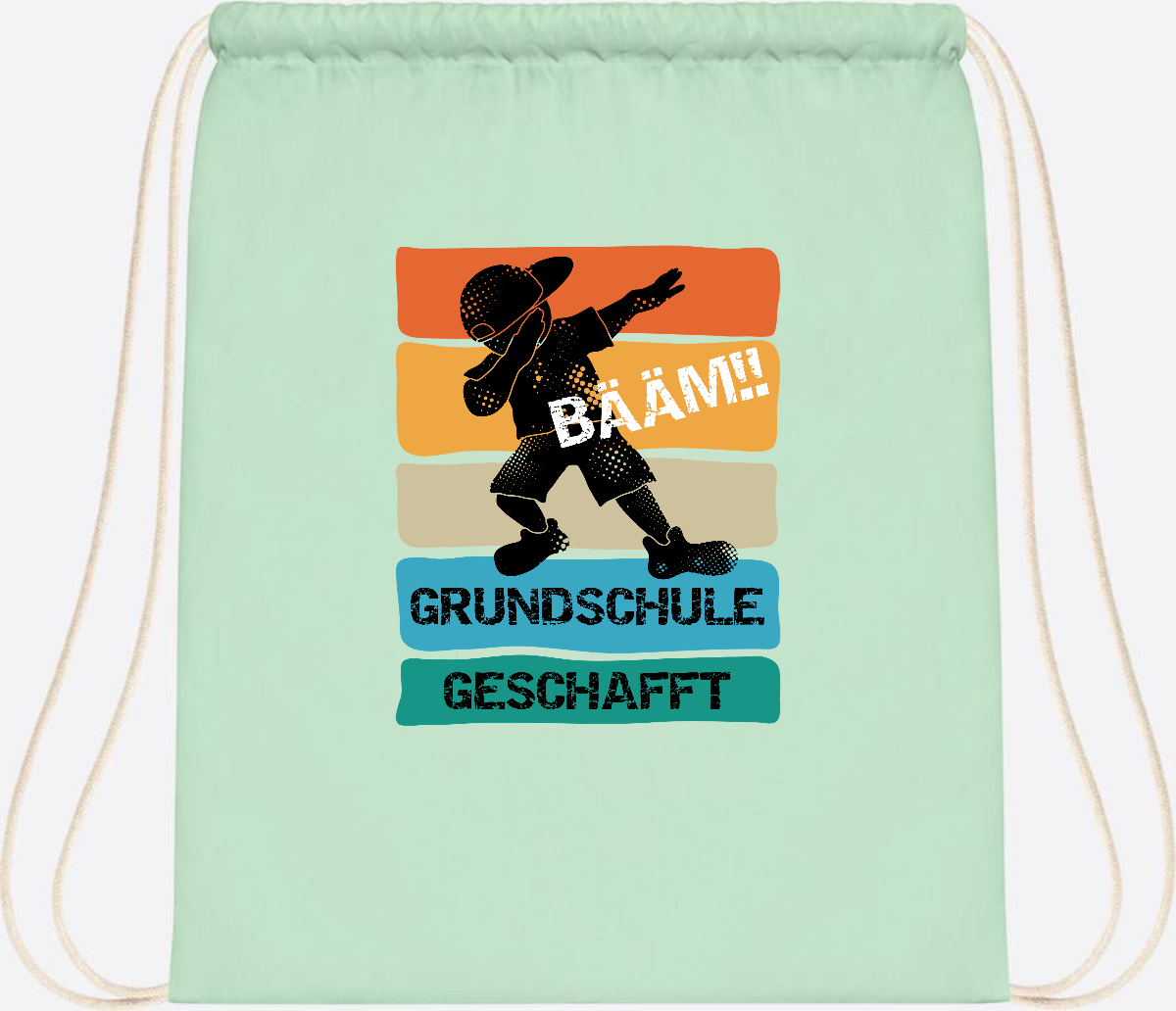 Turnbeutel "Bääm! Grundschule geschafft" mit Wunschname - Pastel Mint/White