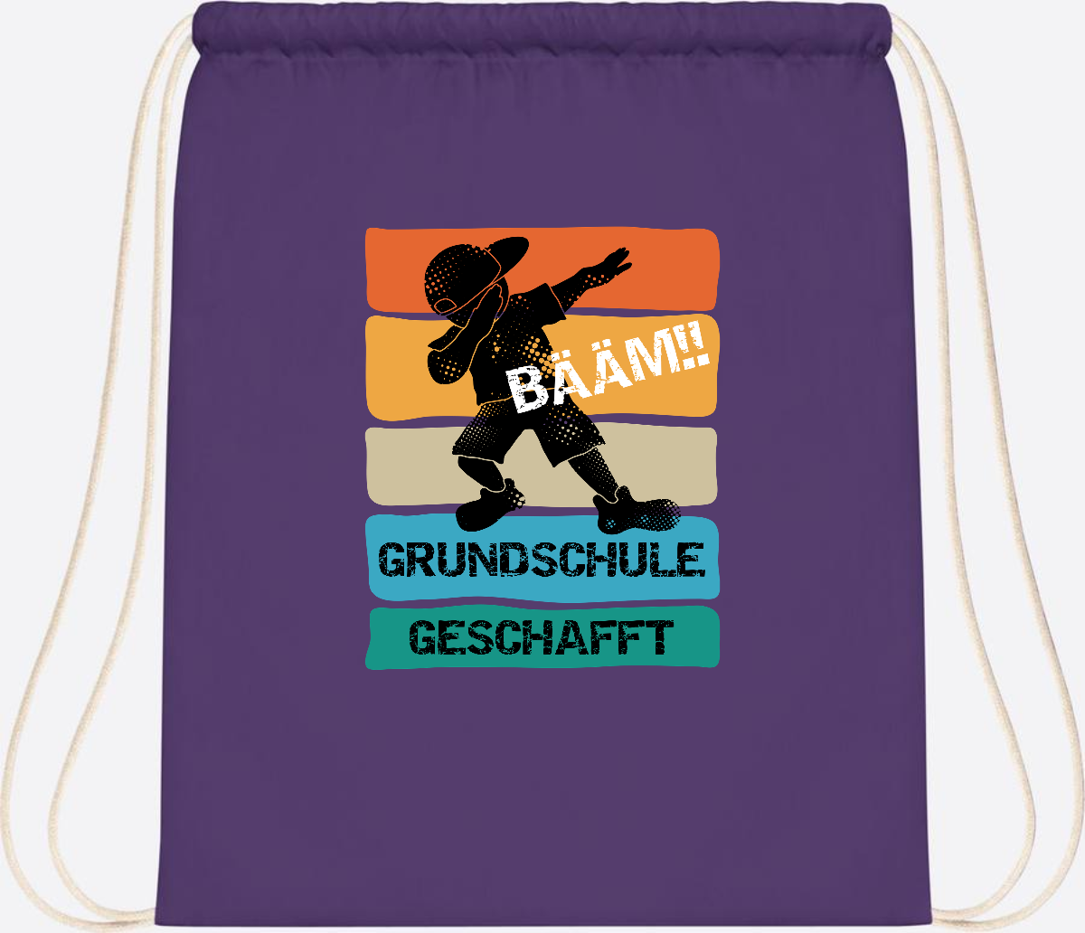 Turnbeutel "Bääm! Grundschule geschafft" mit Wunschname - Purple