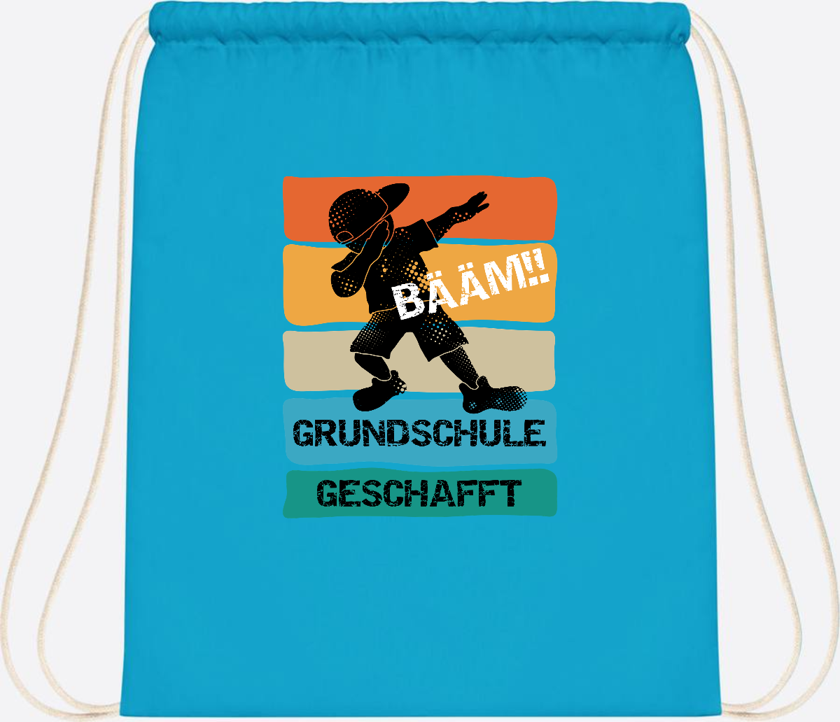 Turnbeutel "Bääm! Grundschule geschafft" mit Wunschname - Surf Blue